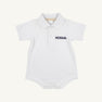 A white baby onesie expertly crafted from soft Pima Cotton Knit, featuring a classic collar, two-button placket, and the Michigan logo embroidered in navy blue on the left chest. Inspired by The Beaufort Bonnet Company’s Michigan Prim & Proper Polo - Worth Avenue White.