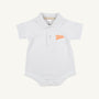 The Tennessee Prim & Proper Polo - Worth Avenue White by The Beaufort Bonnet Company is a white baby polo bodysuit featuring short sleeves, a button-down front, and “Vols” in orange script with an embroidered Tennessee logo on the left chest. Crafted from soft Pima Cotton Knit, this classic piece stands out against a plain white background.