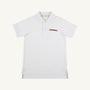 The Beaufort Bonnet Company’s Auburn Prim & Proper Polo in Worth Avenue White features short sleeves, a classic collar with buttons, and an embroidered Auburn logo in orange and blue text on the left chest. Made from soft Pima cotton, this stylish polo is showcased against a plain white background.