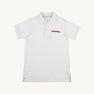 The Beaufort Bonnet Company’s Auburn Prim & Proper Polo in Worth Avenue White features short sleeves, a classic collar with buttons, and an embroidered Auburn logo in orange and blue text on the left chest. Made from soft Pima cotton, this stylish polo is showcased against a plain white background.
