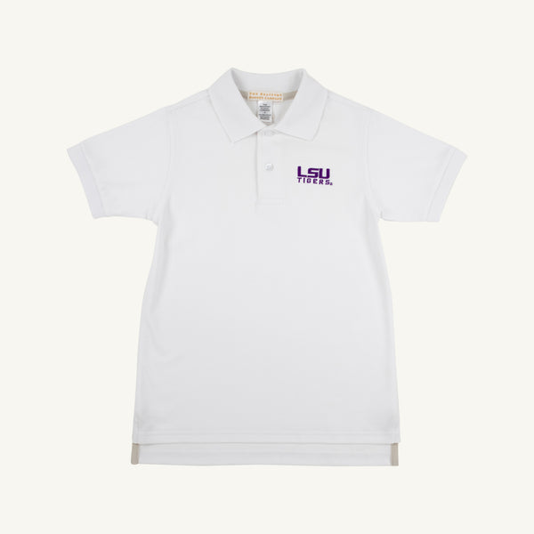 The Beaufort Bonnet Company’s LSU Prim & Proper Polo in Worth Avenue White is a short-sleeve Pima cotton shirt with a classic collar and a subtle purple LSU Tigers logo on the left chest, perfect for game day. The shirt is pictured laid flat on a simple, light background.