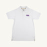 The Beaufort Bonnet Company’s LSU Prim & Proper Polo in Worth Avenue White is a short-sleeve Pima cotton shirt with a classic collar and a subtle purple LSU Tigers logo on the left chest, perfect for game day. The shirt is pictured laid flat on a simple, light background.