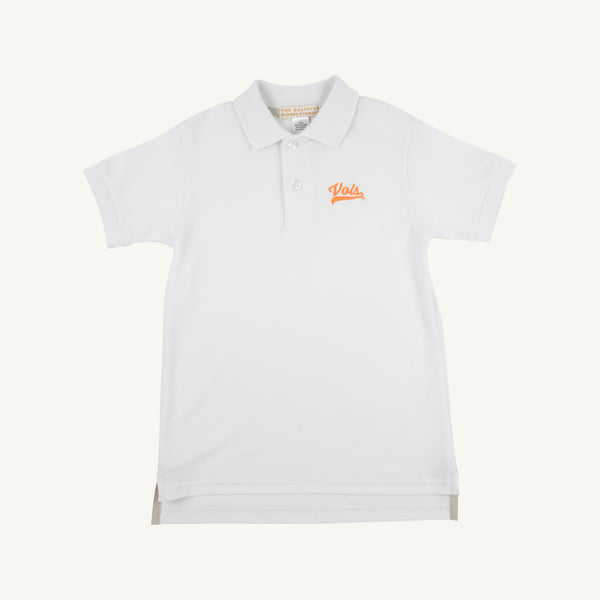 The Beaufort Bonnet Company’s Tennessee Prim & Proper Polo in Worth Avenue White features short sleeves, a classic collar, a button placket, and an orange embroidered Tennessee logo on the left chest. Made from soft Pima Cotton Knit, this polo is displayed laid flat against a plain background.