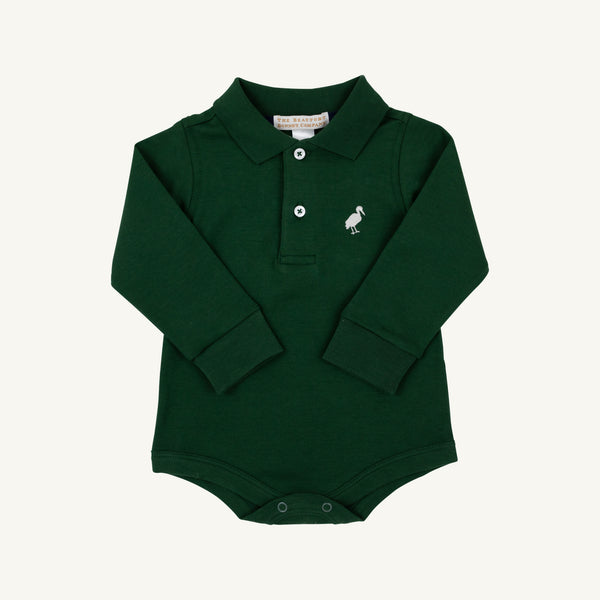 The Beaufort Bonnet Company’s Long Sleeve Prim & Proper Polo & Onesie in Grier Green features a classic collar, three-button placket, snap buttons at the bottom, and an embroidered Palmetto Pearl stork on the chest. Displayed against a plain light background.