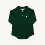 The Beaufort Bonnet Company’s Long Sleeve Prim & Proper Polo & Onesie in Grier Green features a classic collar, three-button placket, snap buttons at the bottom, and an embroidered Palmetto Pearl stork on the chest. Displayed against a plain light background.