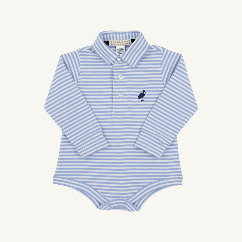 Long Sleeve Prim & Proper Polo - Park City Periwinkle Stripe with Nantucket Navy long-sleeved pima cotton bodysuit in light blue and white stripes with a navy blue stork logo on the chest.