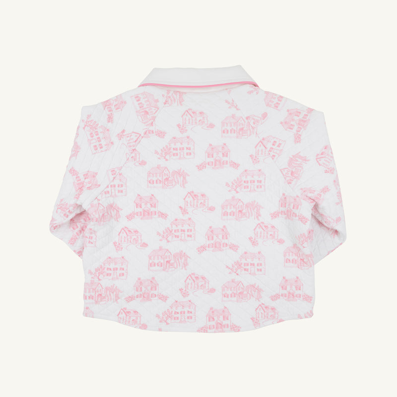 Quilted white Quinn Coat - Quilted Toddington Toile with Worth Avenue White featuring a pink toile pattern of houses and trees, with a white collared neckline.