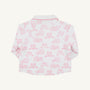 Quilted white Quinn Coat - Quilted Toddington Toile with Worth Avenue White featuring a pink toile pattern of houses and trees, with a white collared neckline.