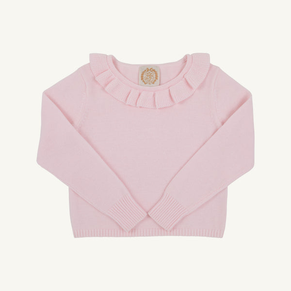 Light pink Reece Ruffle Sweater - Palm Beach Pink featuring a long-sleeve design and a ruffled collar.