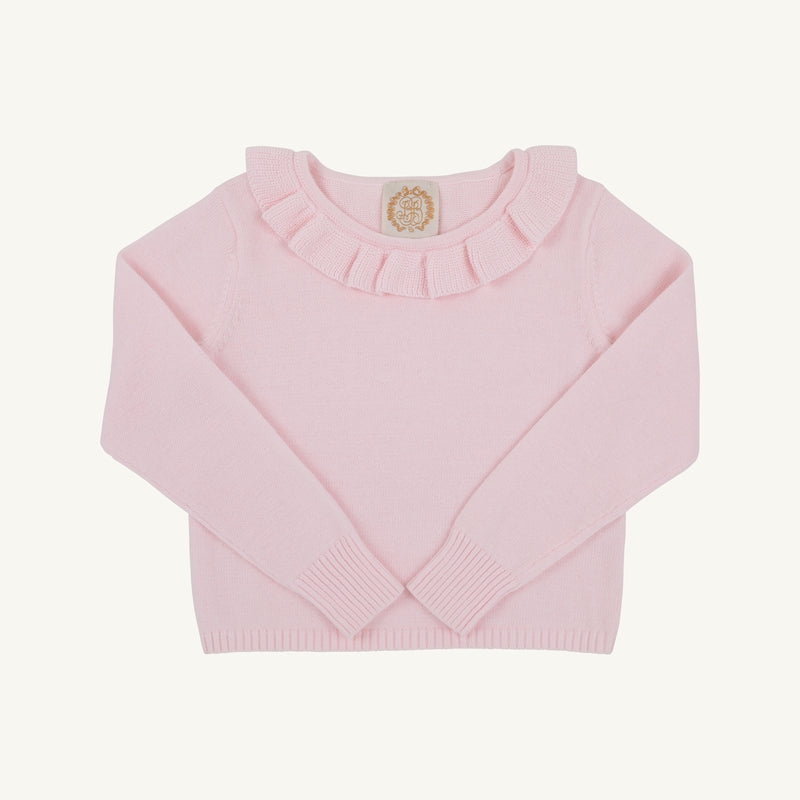 Light pink Reece Ruffle Sweater - Palm Beach Pink featuring a long-sleeve design and a ruffled collar.
