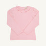 The Beaufort Bonnet Company’s Reece Ruffle Top in Sandpearl Pink is a long-sleeve toddler shirt with a ruffled collar, crafted from soft Pima Cotton and shown flat on a white background—an ideal choice for your autumn wardrobe.
