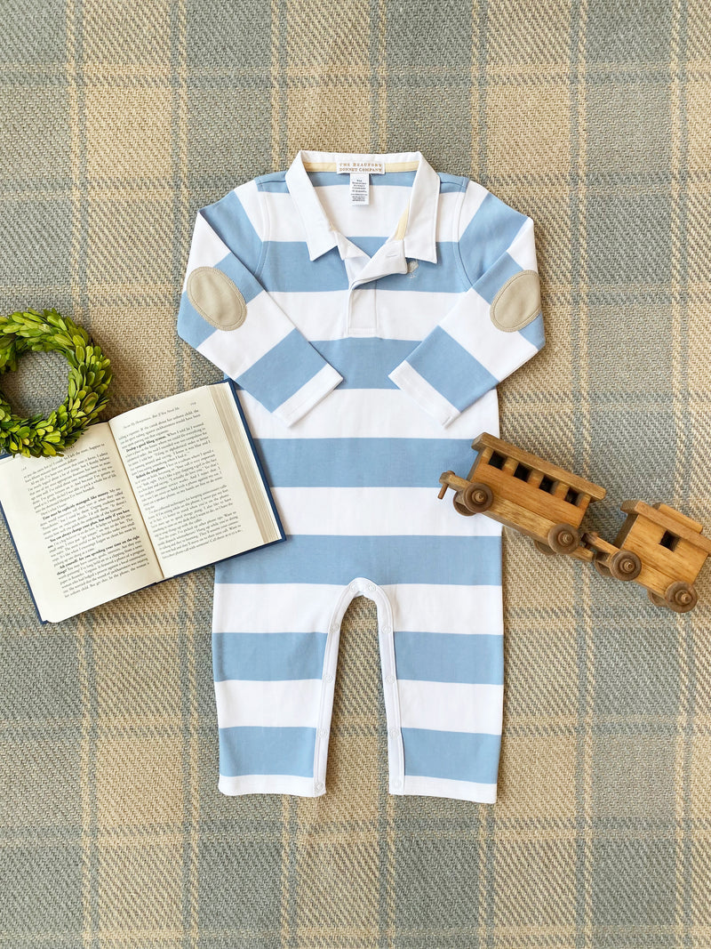 Sir Proper's Rugby Romper - Barrington Blue Stripe with Keeneland Khaki Stork