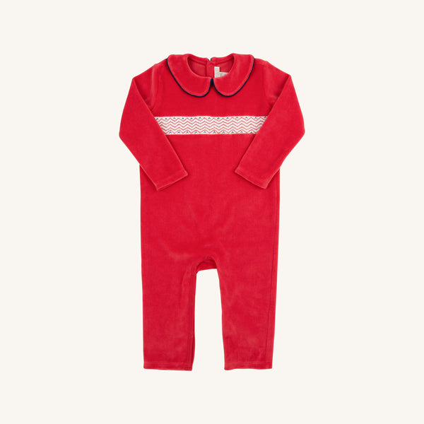 Samuel Smocked Romper (Velour) - Richmond Red with Worth Avenue White & Nantucket Navy