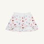 The Texas Searcy Skort - Gone to Texas with Worth Avenue White by The Beaufort Bonnet Company is laid flat on a white background, featuring playful red, blue, and pink motifs—including longhorns, pennants, vases, and flowers—from the signature Gone to Texas print.