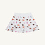 The Beaufort Bonnet Company’s Auburn Searcy Skort - Tiger Thrill with Worth Avenue White is a white children’s skort featuring Auburn University-themed logos, pennants, paw prints, cheer megaphones, and tigers in vibrant orange, navy, and pink—a sporty gameday outfit choice.