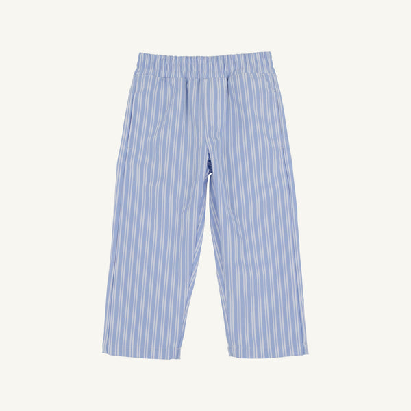 Sheffield Pants - Park City Periwinkle Ticking Stripe with Nantucket Navy Stork pull-on trousers with an elastic waistband.