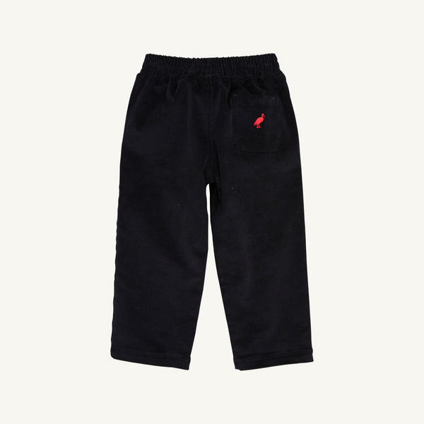 Sheffield Pants - Newport Night Corduroy with Richmond Red Stork by The Beaufort Bonnet Company, designed for children, feature an elastic waistband and a single back pocket adorned with a small red embroidered stork logo. The pants are displayed on a plain white background.