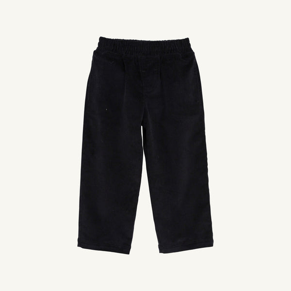 Sheffield Pants in Newport Night Corduroy with Richmond Red Stork from The Beaufort Bonnet Company are displayed flat against a plain white background. These pants feature an elastic waistband, a straight-leg cut, and a clean design with no visible pockets or decorative details.