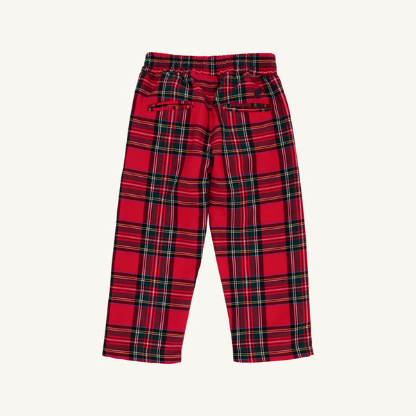Back view of the Sheffield Pant - Society Prep Plaid trousers, featuring a red plaid pattern, an elasticized waistband, and two back pockets.