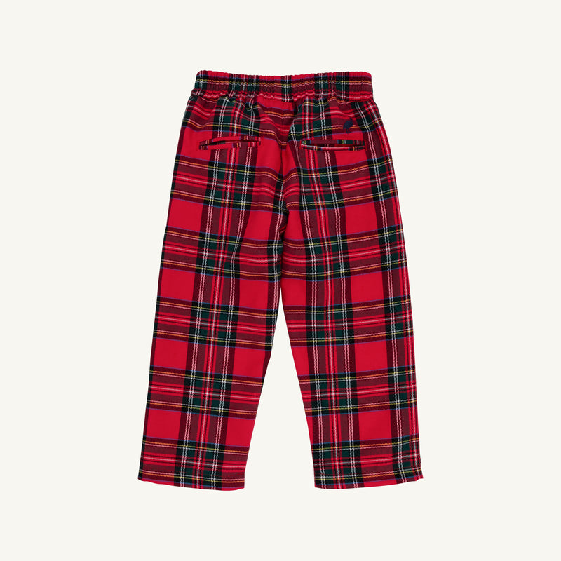 Back view of the Sheffield Pant - Society Prep Plaid trousers, featuring a red plaid pattern, an elasticized waistband, and two back pockets.