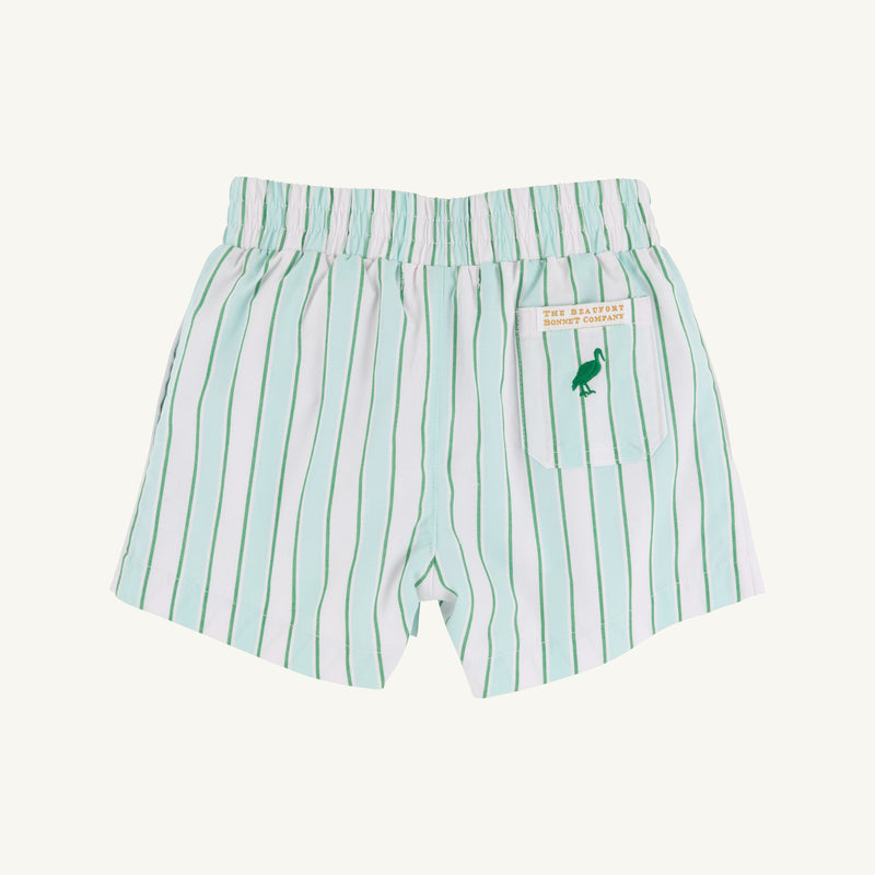 Sheffield Shorts - Tally Rd. Ticking Stripe with Green Stork