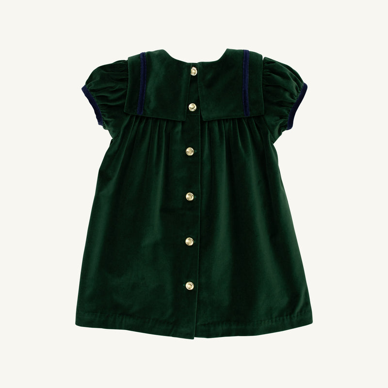 Short Sleeve Patsy's Party Dress - Grier Green Velveteen with Nantucket Navy