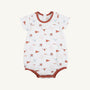The Beaufort Bonnet Company’s “Texas Short Sleeve Patton Play Bubble - Gone to Texas with Texas Orange” is a white romper crafted from soft Pima Cotton, featuring brown trim and lively Texas-themed prints—such as flags, longhorns, football helmets, the word “Texas,” state outlines, and a playful “Gone to Texas” motif.
