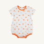 Sure! Here’s the rewritten sentence using the provided product data: Dress your little fan in The Beaufort Bonnet Company’s Tennessee Short Sleeve Patton Play Bubble - Victory in Orange with Tennessee Orange, beautifully crafted from soft Pima Cotton Knit. This white romper features vibrant orange trim and is adorned with orange and blue University of Tennessee symbols—including logos, flags, and mascots—on a plain background, making it the perfect game day outfit.