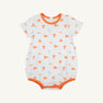Sure! Here’s the rewritten sentence using the provided product data: Dress your little fan in The Beaufort Bonnet Company’s Tennessee Short Sleeve Patton Play Bubble - Victory in Orange with Tennessee Orange, beautifully crafted from soft Pima Cotton Knit. This white romper features vibrant orange trim and is adorned with orange and blue University of Tennessee symbols—including logos, flags, and mascots—on a plain background, making it the perfect game day outfit.