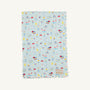 Introducing the Silent Night Throw - Ice Cream Daydream (Blueberry Blue) from The Beaufort Bonnet Company—a light blue throw featuring colorful, playful ice cream, drink, and cherry illustrations with a small label in the bottom corner. Perfect as a cheerful ice cream print throw!.