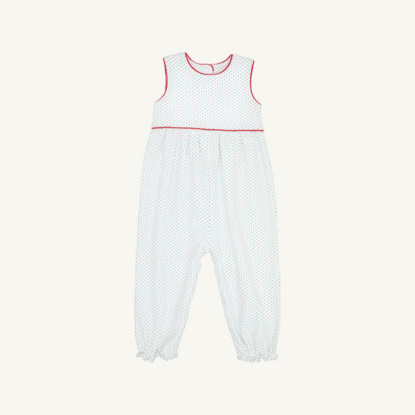 The Beaufort Bonnet Company’s Sleeveless Rebecca Romper in Kiawah Kelly Green Microdot with Richmond Red trim is crafted from soft Pima Cotton and features delicate microdots, charming red accents around the neckline and chest, and gathered elastic cuffs at the ankles—making it a perfect holiday outfit for your baby.