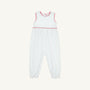 The Beaufort Bonnet Company’s Sleeveless Rebecca Romper in Kiawah Kelly Green Microdot with Richmond Red trim is crafted from soft Pima Cotton and features delicate microdots, charming red accents around the neckline and chest, and gathered elastic cuffs at the ankles—making it a perfect holiday outfit for your baby.