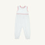 The Beaufort Bonnet Company’s Sleeveless Rebecca Romper in Kiawah Kelly Green Microdot with Richmond Red trim is crafted from soft Pima Cotton and features delicate microdots, charming red accents around the neckline and chest, and gathered elastic cuffs at the ankles—making it a perfect holiday outfit for your baby.