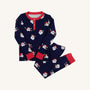 Dress your little one in holiday cheer with The Beaufort Bonnet Company’s Sutton’s Sweet Dream Set - Jolly Old St. Nick with Richmond Red. This festive set features soft Pima Cotton pajamas in navy blue, adorned with a charming repeating pattern of Santa Claus faces in red hats and finished with contrasting Richmond Red cuffs and collar. The cozy ensemble includes a long-sleeve, button-up top and matching pants for extra comfort all season long.