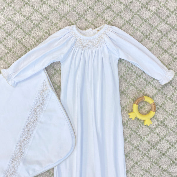 Sweetly Smocked Blessing Blanket (Unisex) - Worth Avenue White with Palmetto Pearl