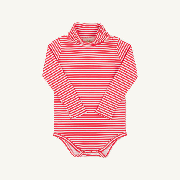 The Beaufort Bonnet Company’s Tatum’s Turtleneck & Onesie – Richmond Red Stripe features a red and white striped long-sleeve design, crafted from soft Pima cotton with convenient snap closures at the crotch, shown against a plain white background.