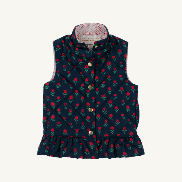 Quilted navy blue Vaughn Vest - Prescott Farm Flowers with Richmond Red Microdot featuring gold snaps and a ruffled hem.