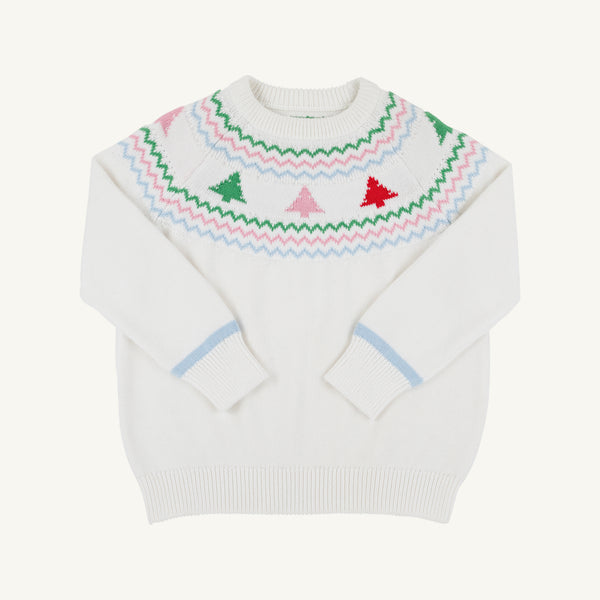 The Beaufort Bonnet Company’s Women’s Isabelle’s Fair Isle Sweater in Palmetto Pearl with Trees features a white base adorned with pastel pink, green, red, and blue tree and zigzag patterns encircling the collar. Light blue bands accent the cuffs, while ribbing details finish the neck, wrists, and hem for a cozy touch.