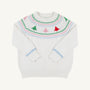 The Beaufort Bonnet Company’s Women’s Isabelle’s Fair Isle Sweater in Palmetto Pearl with Trees features a white base adorned with pastel pink, green, red, and blue tree and zigzag patterns encircling the collar. Light blue bands accent the cuffs, while ribbing details finish the neck, wrists, and hem for a cozy touch.