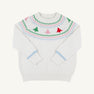 The Beaufort Bonnet Company’s Women’s Isabelle’s Fair Isle Sweater in Palmetto Pearl with Trees features a white base adorned with pastel pink, green, red, and blue tree and zigzag patterns encircling the collar. Light blue bands accent the cuffs, while ribbing details finish the neck, wrists, and hem for a cozy touch.