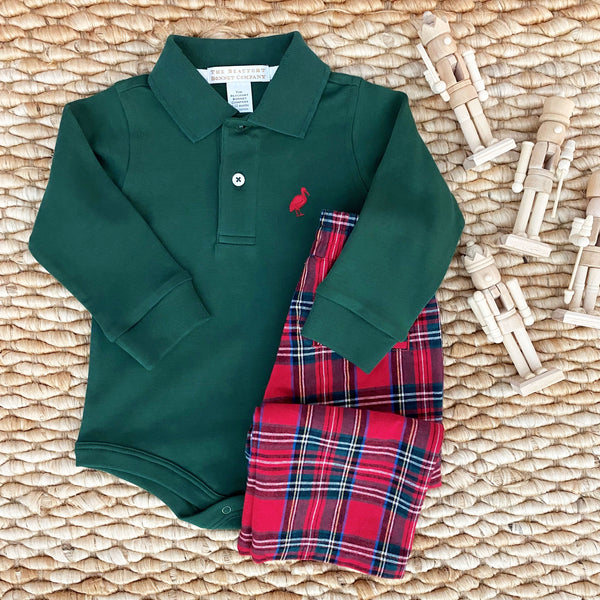 Long Sleeve Prim & Proper Polo & Onesie - Grier Green with Richmond Red Stork