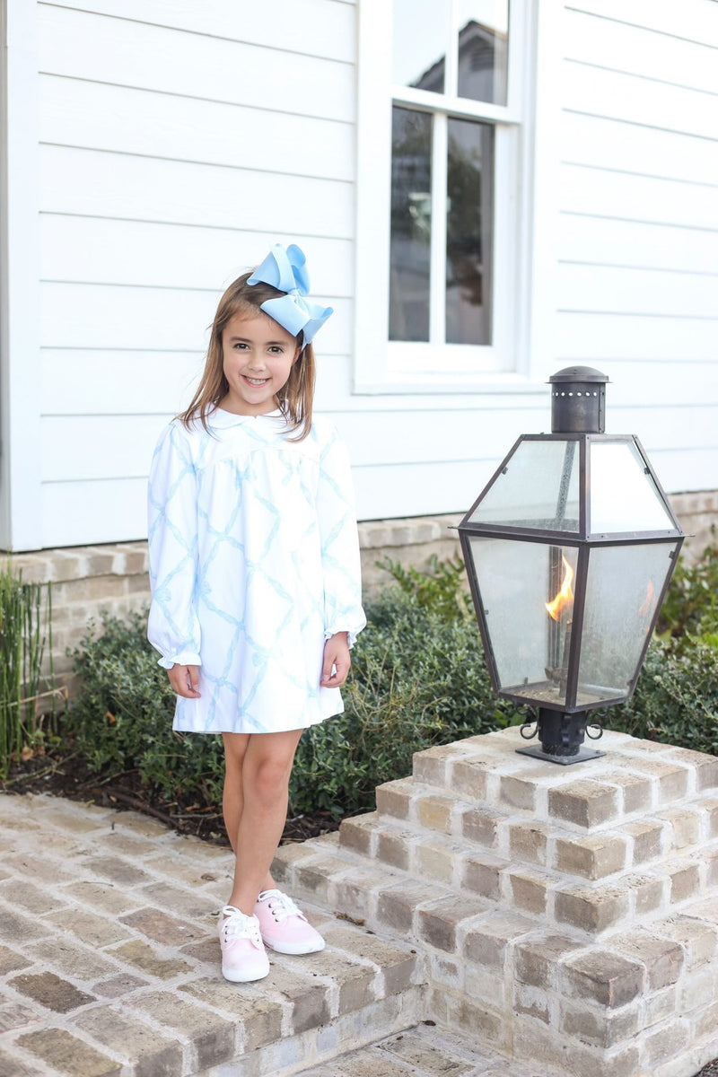 Long Sleeve Holly Day Dress - Belle Meade Bow (Buckhead Blue) with Worth Avenue White