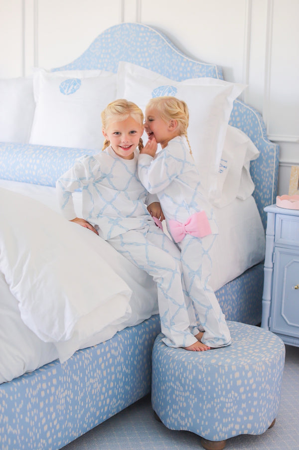 Puff Sleeve Cassidy Comfy Crewneck - Belle Meade Bow (Buckhead Blue) with Pier Party Pink Bow