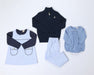 A Jill Jumper - Park City Periwinkle Stripe with Nantucket Navy, a navy quarter-zip sweater, striped pants, and a light blue long-sleeved bubble romper.