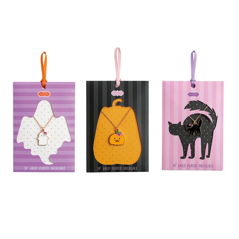 Three Halloween Charm Necklace - More Options gold-tone necklaces displayed on Halloween-themed cards featuring a ghost, a pumpkin, and a feline.