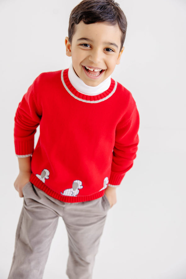 A laughing boy in a dapper style wears a sweater with dog motifs over a white turtleneck and Sheffield Pants (Corduroy) - Grantley Gray.
