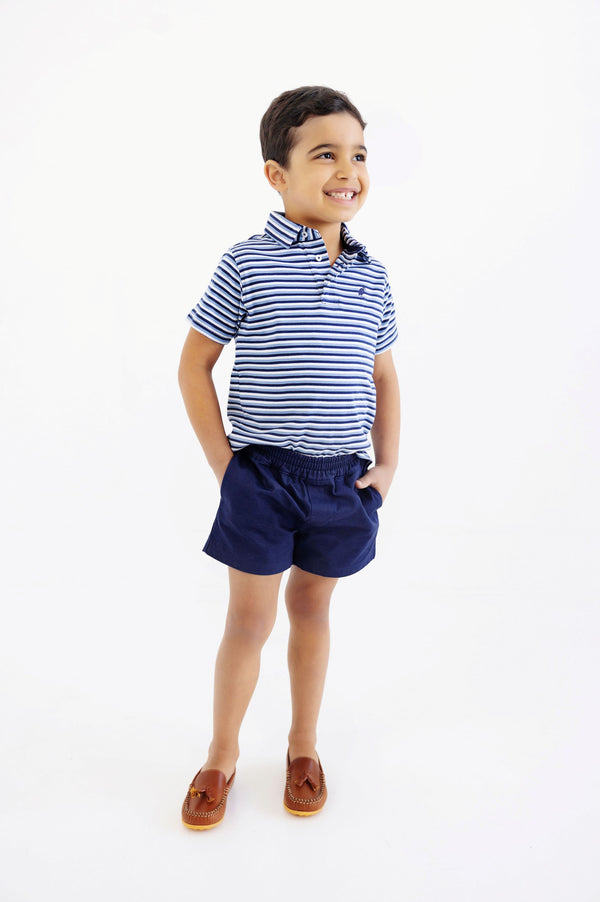 Prim & Proper Polo & Onesie - Sumner County Stripe (Barbados Blue) with Nantucket Navy Stork