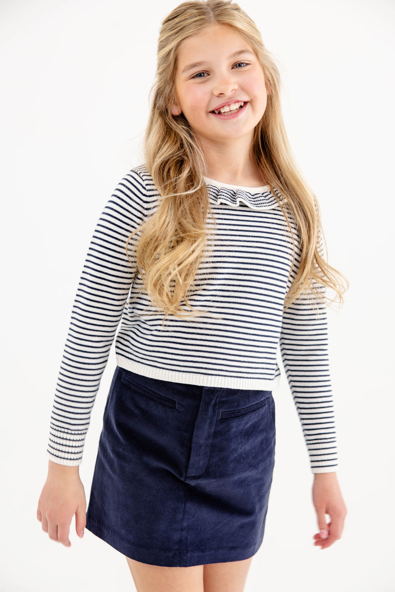 Reece Ruffle Sweater - Palmetto Pearl & Nantucket Navy Stripe