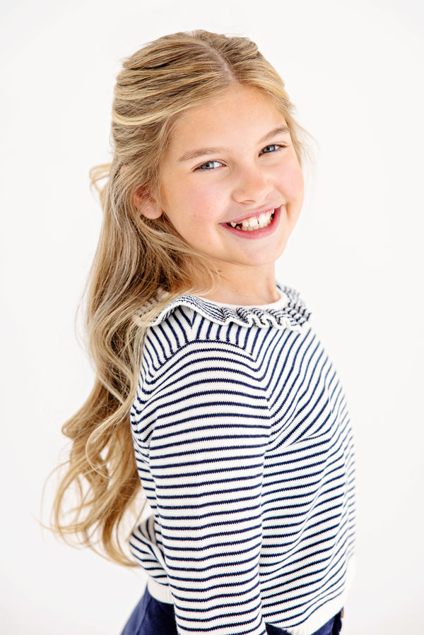 Reece Ruffle Sweater - Palmetto Pearl & Nantucket Navy Stripe