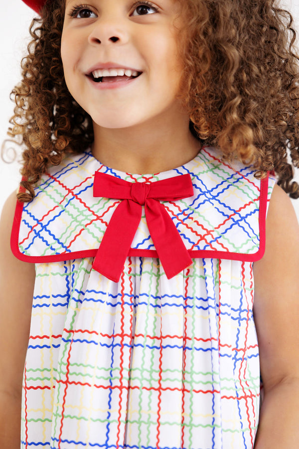 Sleeveless Stewart's Square Collar Dress - Wellington Windowpane with Richmond Red